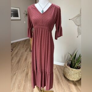 Knox Rose Retired Boho Elbow Bell Sleeve Empire muted Waist Brick Red Maxi Dress